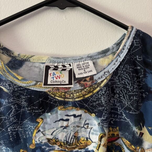 Women's Y2K Take Two Graphic Shirt Tee Size S Beach Scene Sailor Sequined Top - Picture 2 of 7